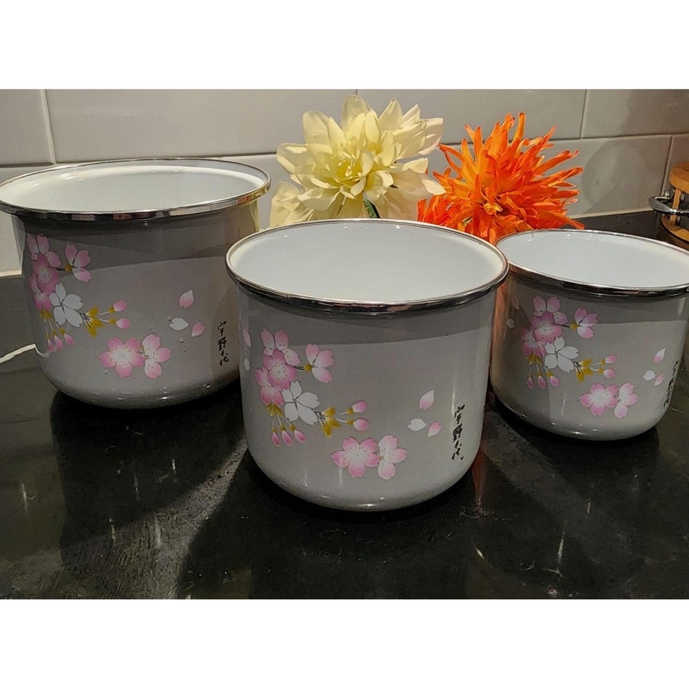 Vintage Japanese Enamelware Nesting Bowls Sakura Cherry Blossom Grey Set of 3